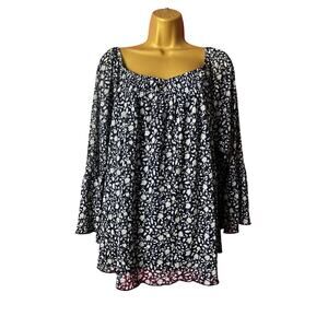 Joie De Vivre Plus Size  2X Blue Floral Peasant Blouse Boutique Bell Sleeve Top